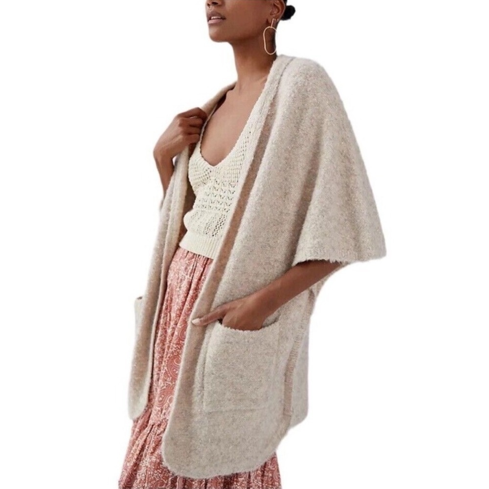 Anthropologie Boucle Knit Kimono Sweater Cardigan Oversize Wool Blend OS Cream‎